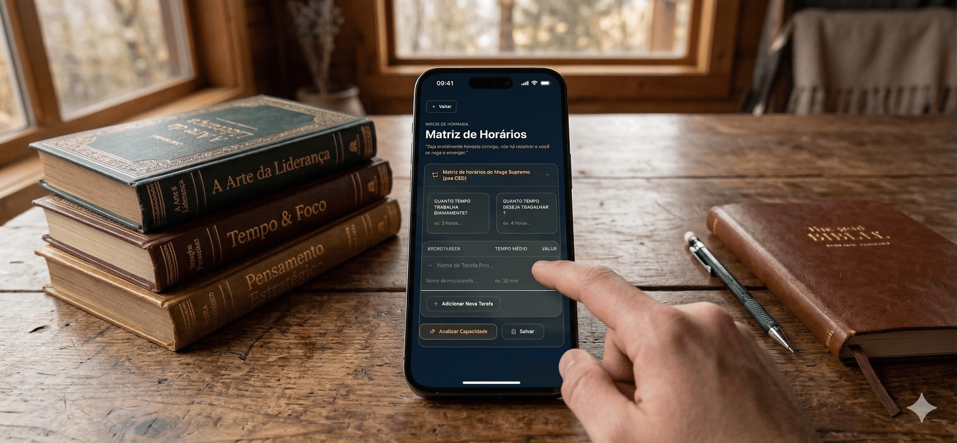 Modern minimalist house with large glass windows and a flat roof, surrounded by lush greenery. A serene pool reflects the trees and the sky. Peaceful ambiance.