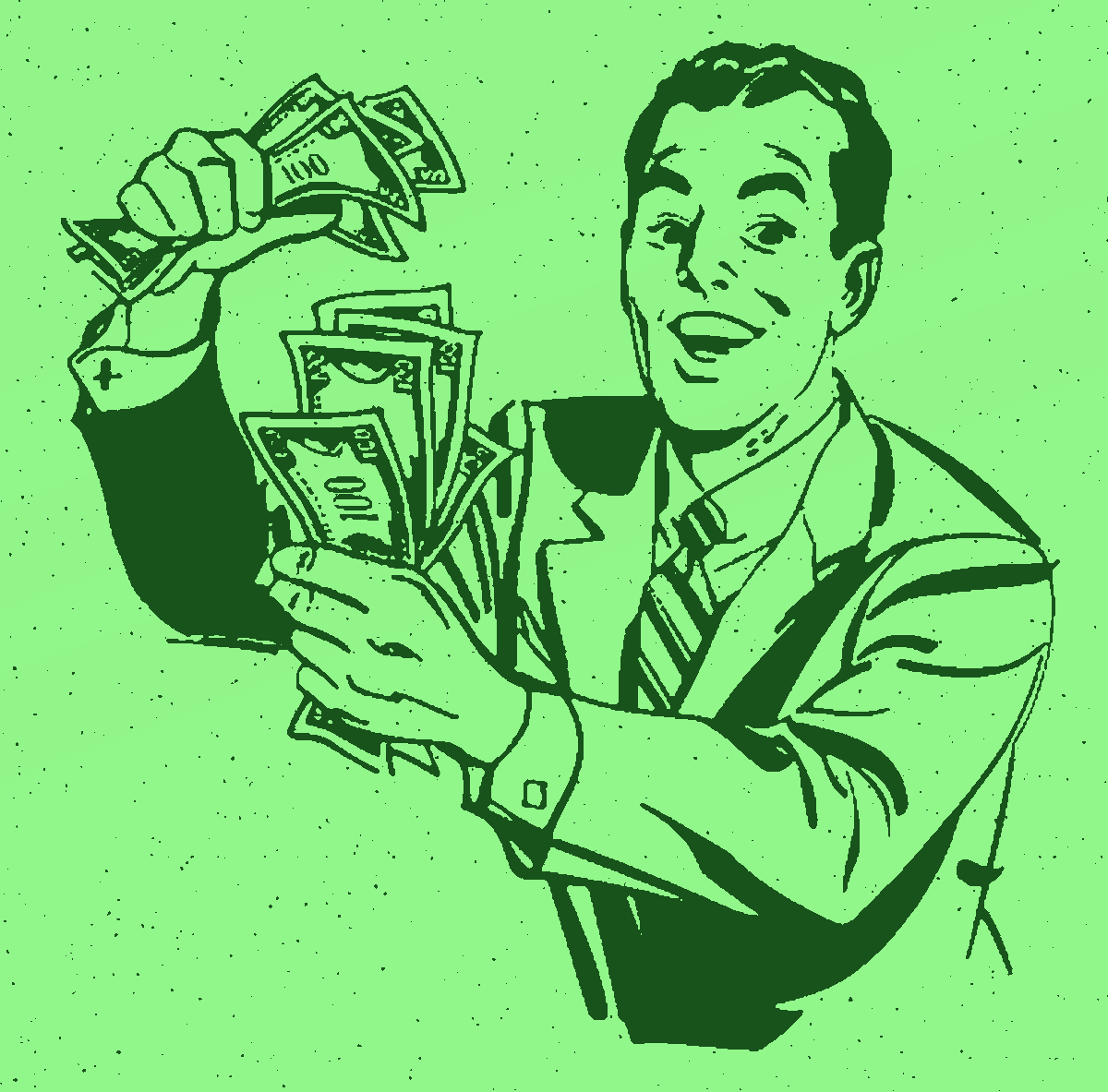 Illustration of a customer ready to hand over fists full of cash money.