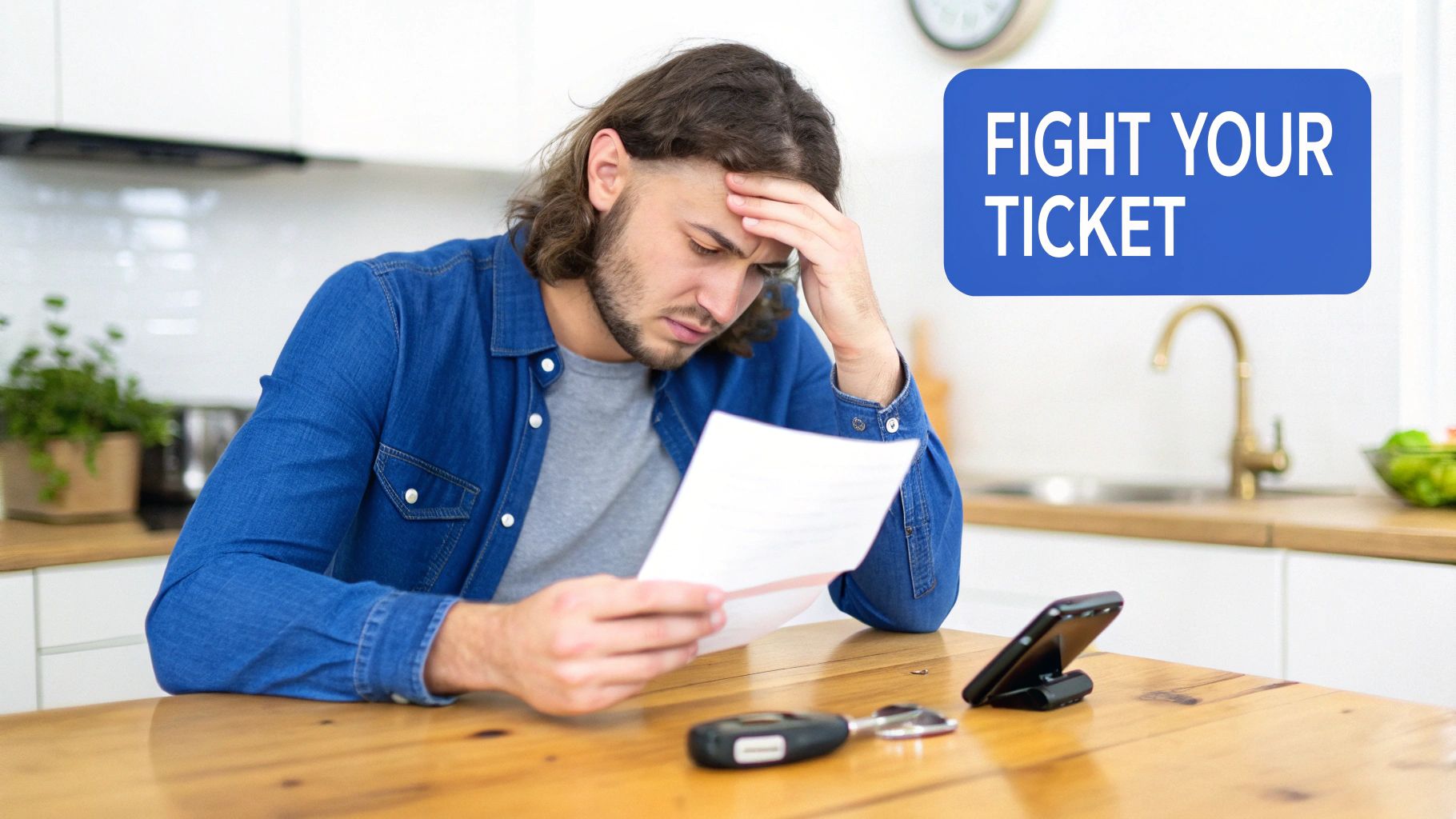 A distressed man with his hand on his head reads a paper, possibly a a ticket, in a kitchen. An overlay says 