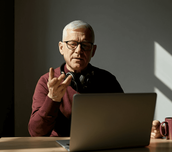 older man work on her laptop