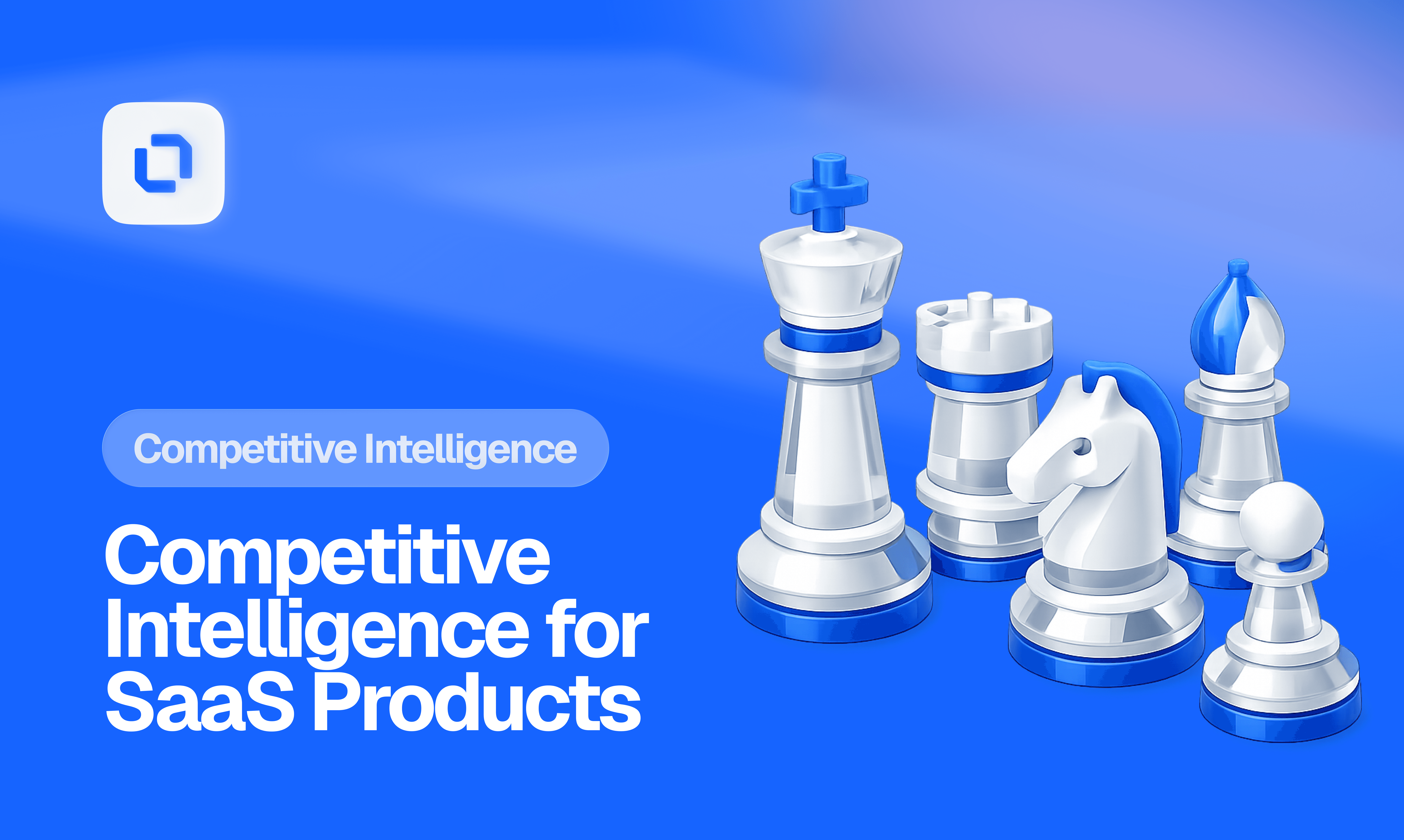 Blue background with chess pieces including a king, rook, knight, bishop, and pawn, symbolizing strategy. Text: 'Competitive Intelligence for SaaS Products' and an Outspy logo in the top left.