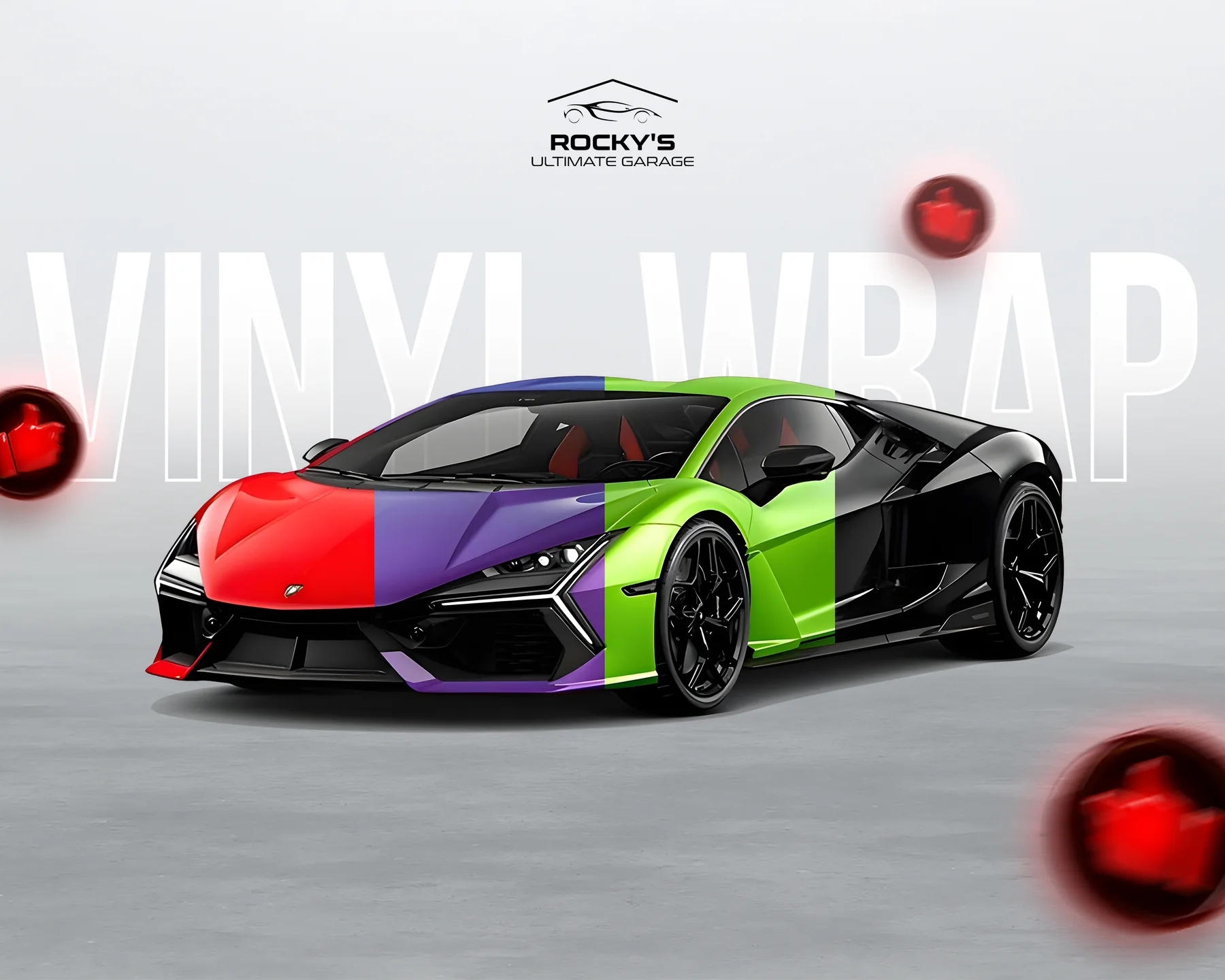 Multi-color vinyl wrap options on a Lamborghini Revuelto at Rocky's Ultimate Garage
