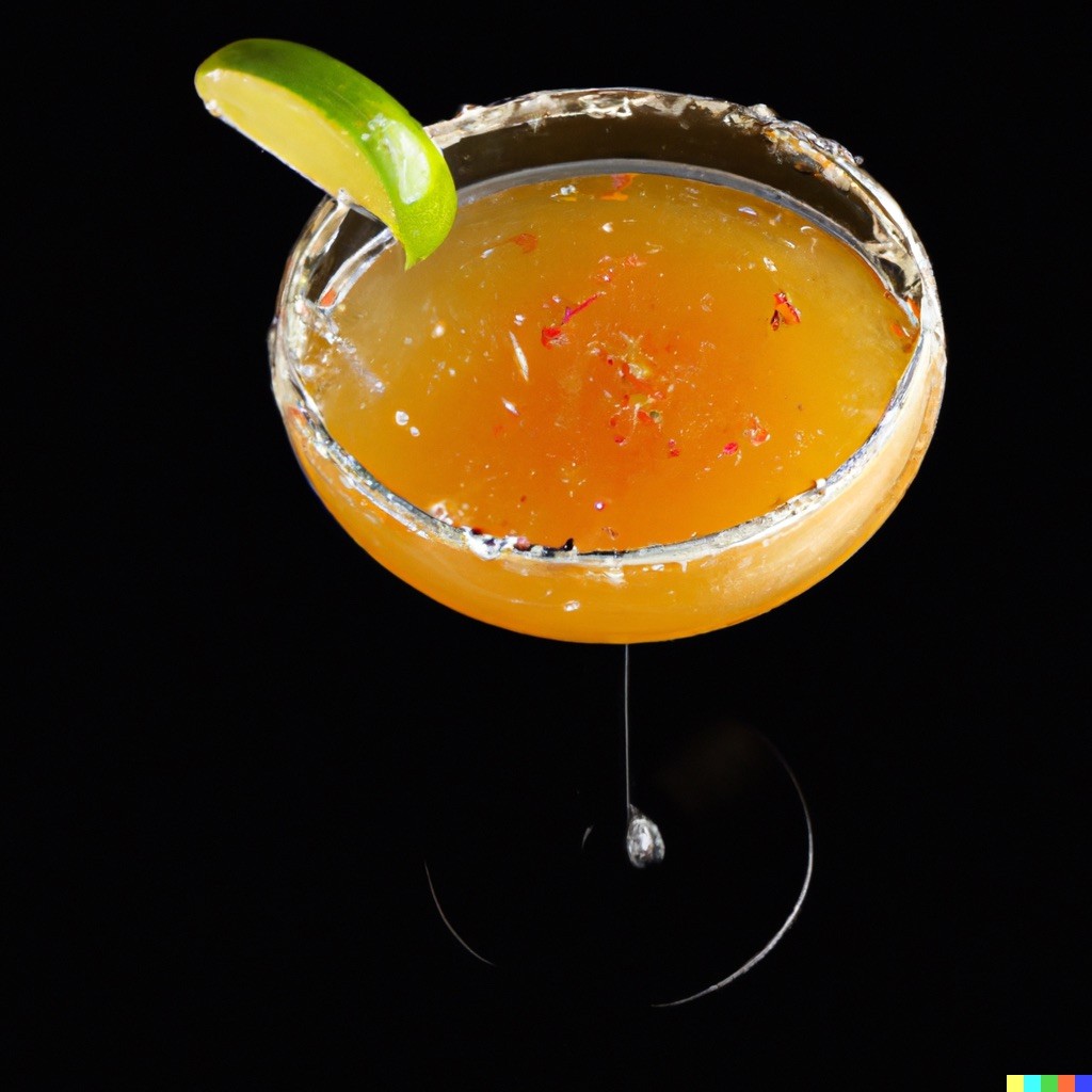 A refreshing margarita cocktail in a glass with a salted rim, garnished with a lime wedge, sits against a black background.