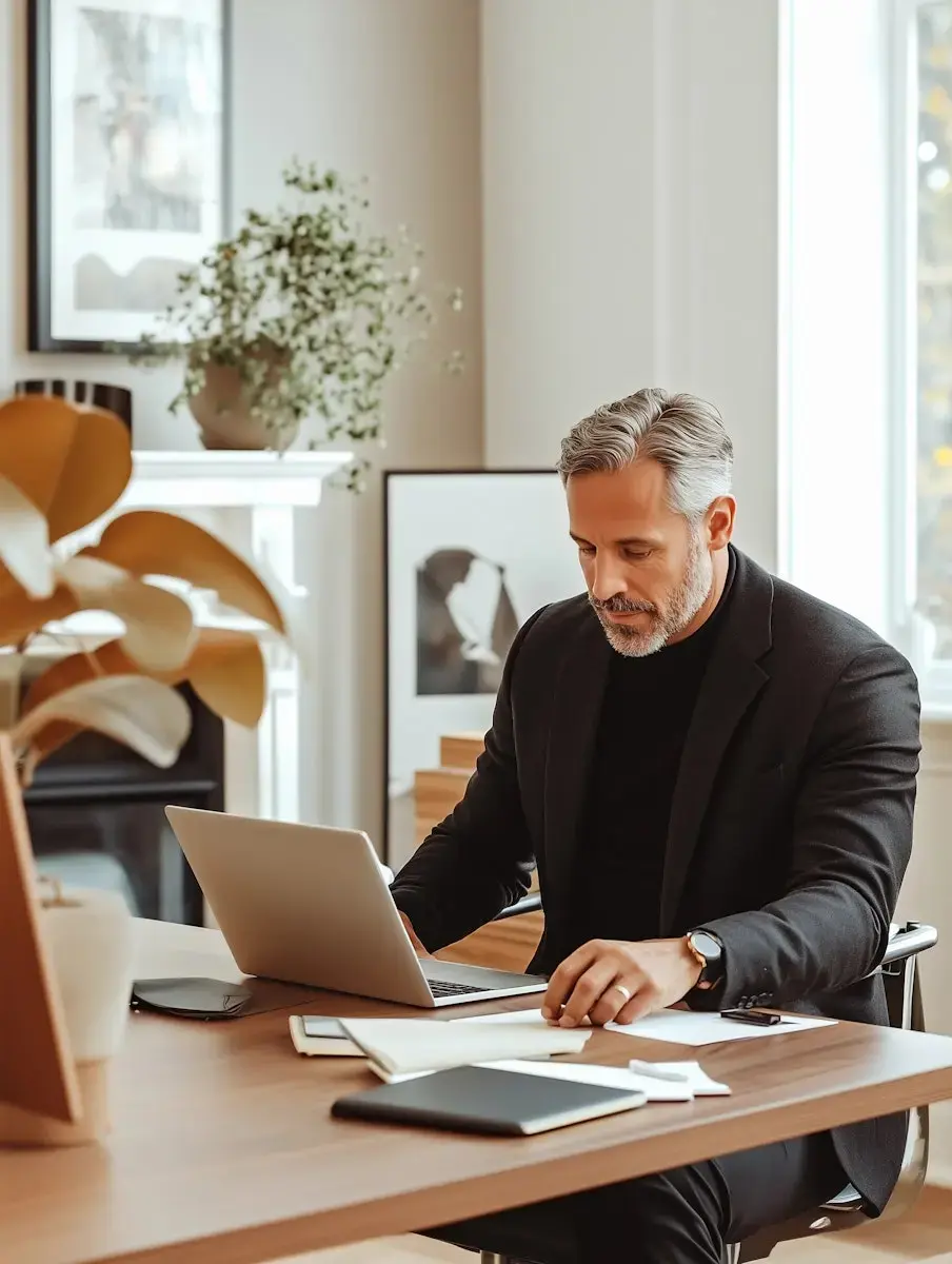 Professional designer working on laptop in modern office with warm neutral tones