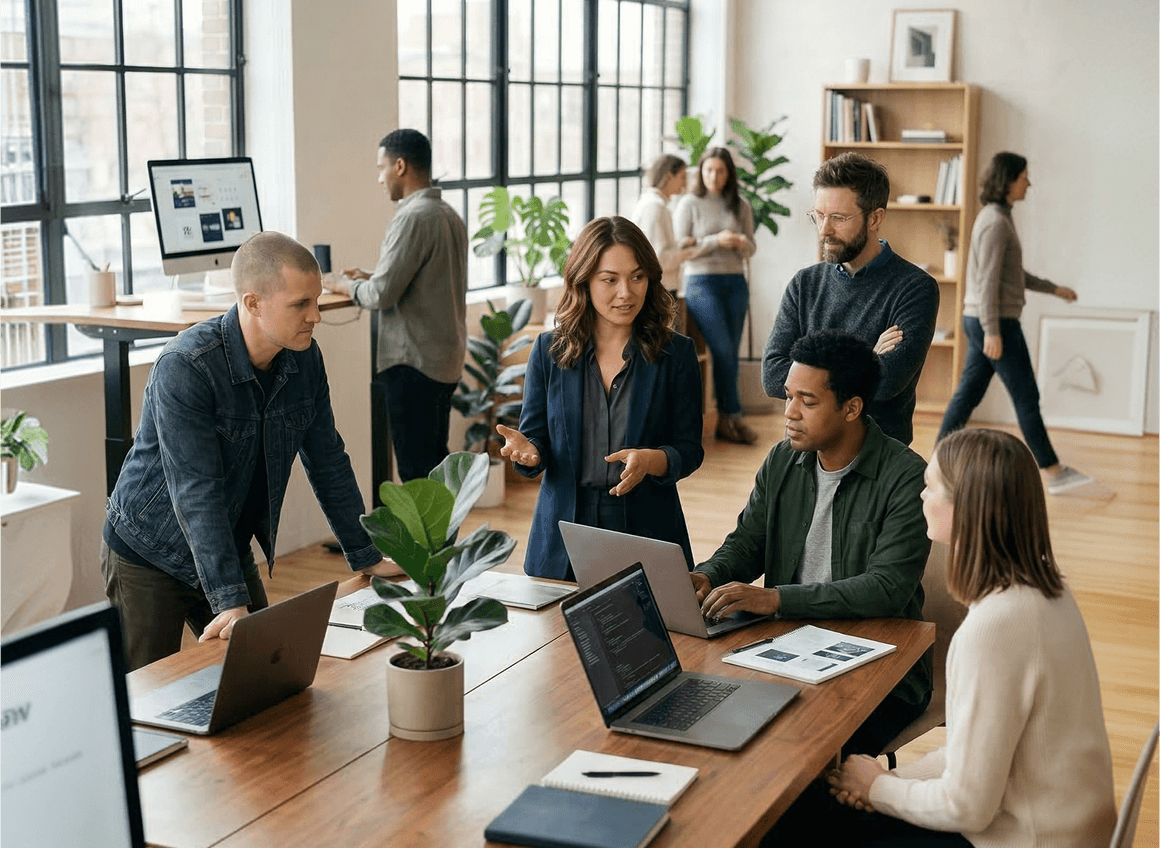 Team discussing work together in a modern office space