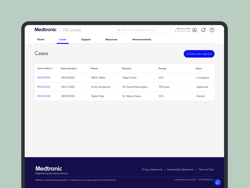 Prior Authorization (PA) case management list 