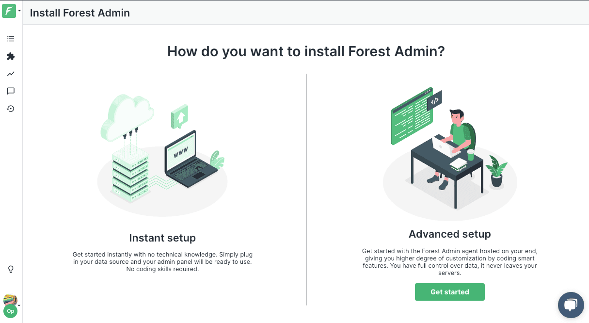 Forest Admin Advanced setup choice