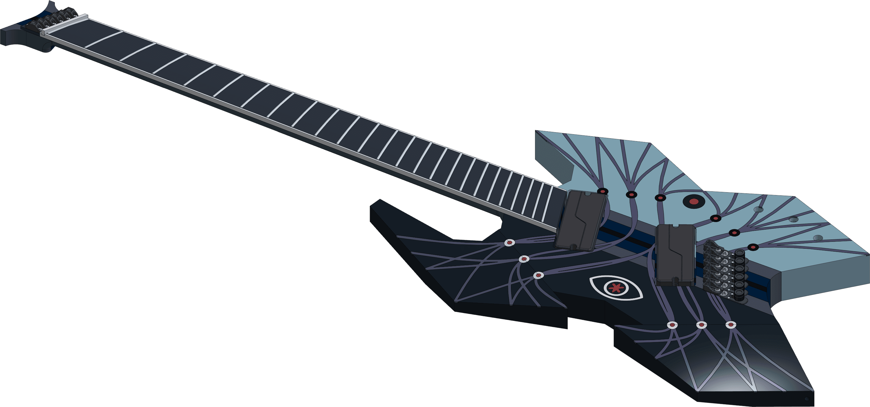 Genesis custom multiscale guitar CAD model top view showing body inlays, arm bevel, fanned frets, and headless hardware
