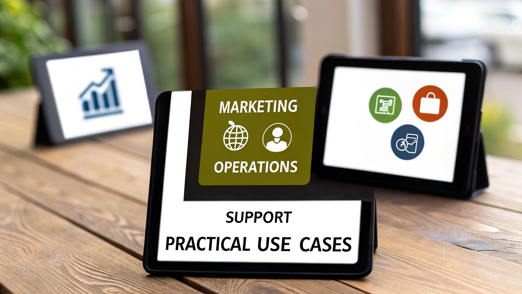 Digital tablets on a wooden table displaying practical use cases for marketing and operations support.