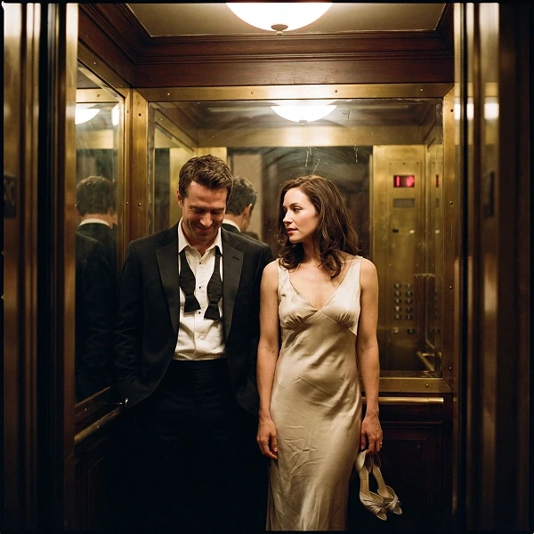 A smiling man in a black suit and woman in a satin dress stand close in a warm, mirrored elevator, conveying romance and intimacy.