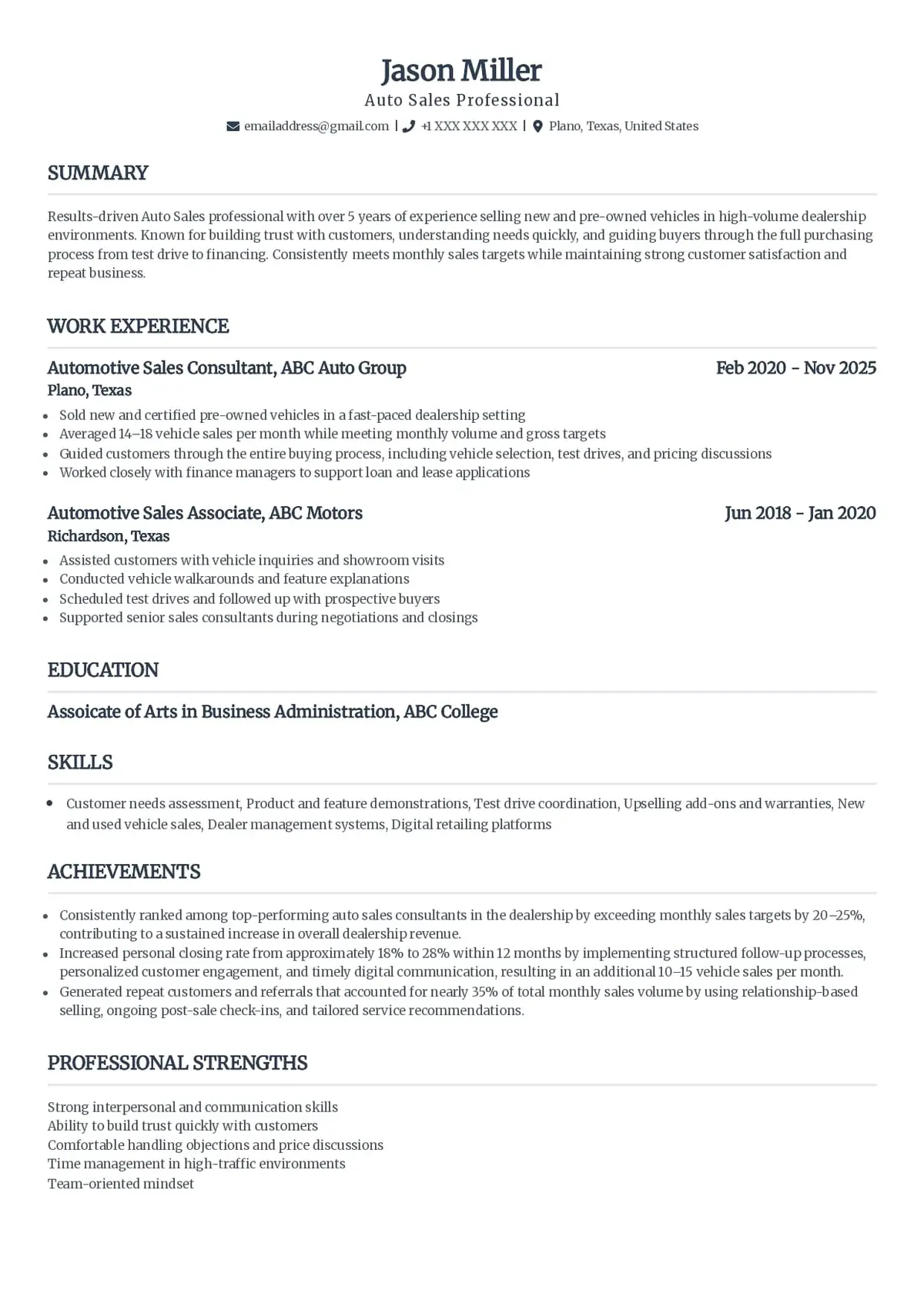 Auto Sales Resume Example
