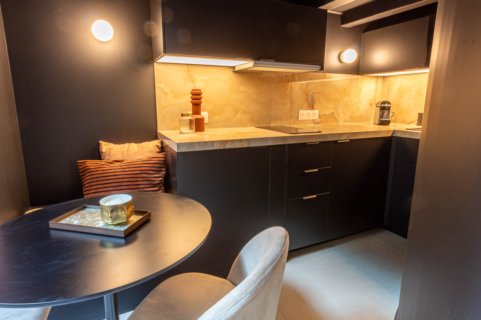 Dark theme house with plants outside