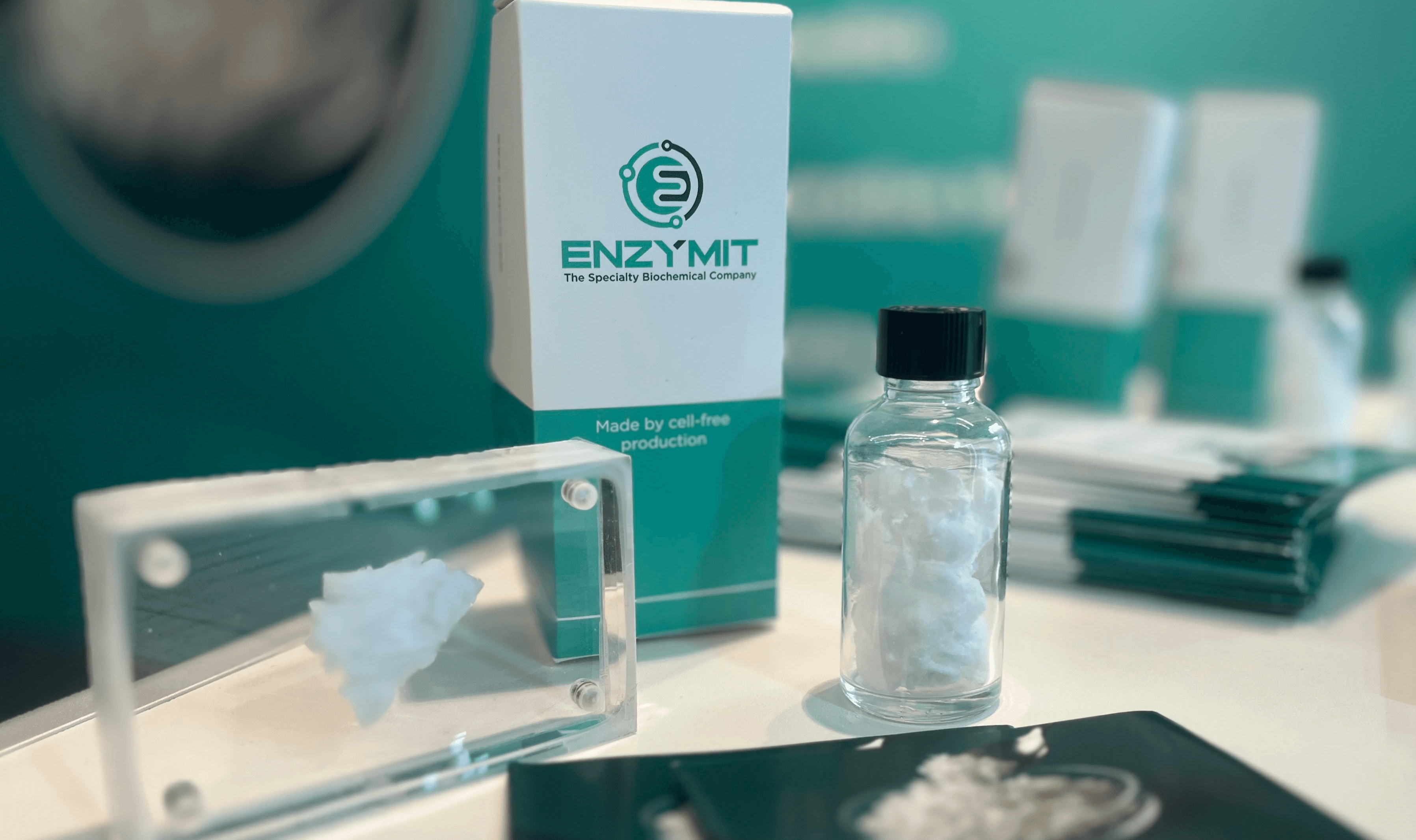 Hyaluronic acid vial and brochures on a stand