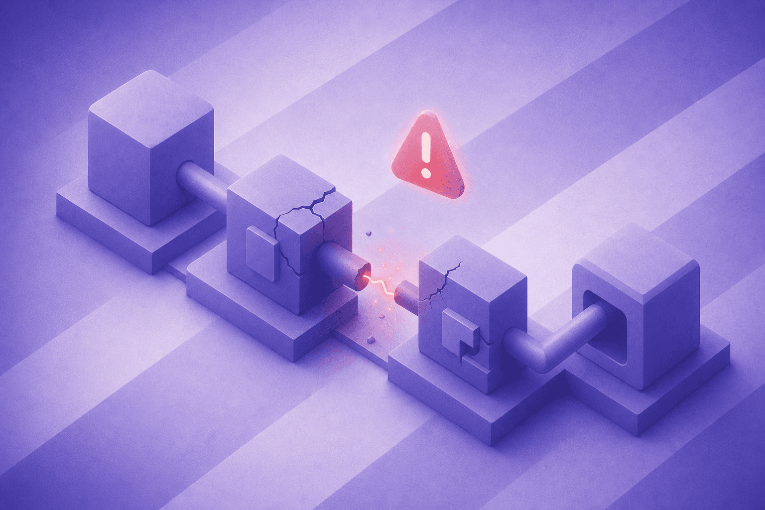An isometric illustration of a multi-step automation pipeline with visible cracks and breaks between the nodes, one connector glowing red and sparking, a warning indicator floating above a broken link between two data blocks, representing a fragile workflow failure, soft blue and red tones, clean flat design, no text or labels