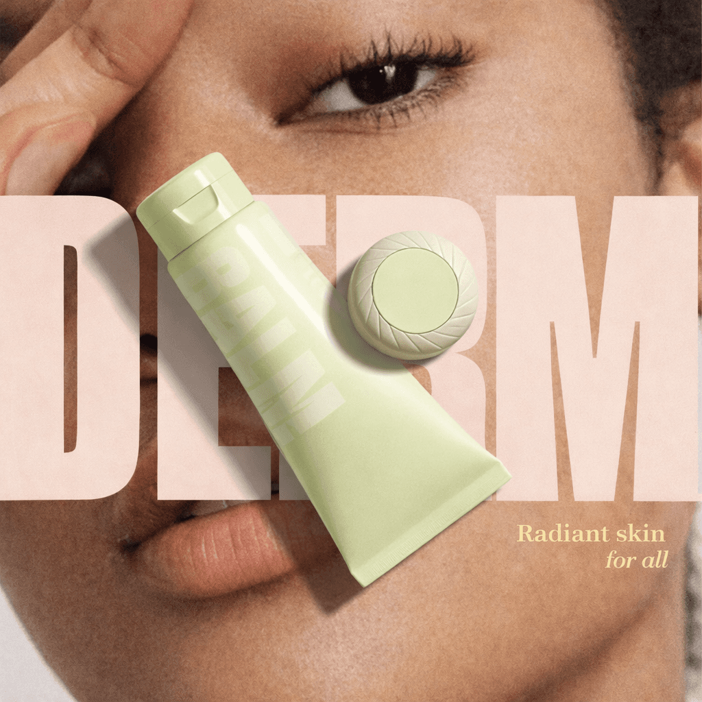 Close-up of a person’s face with green skincare products and the word "DERM" in bold text.