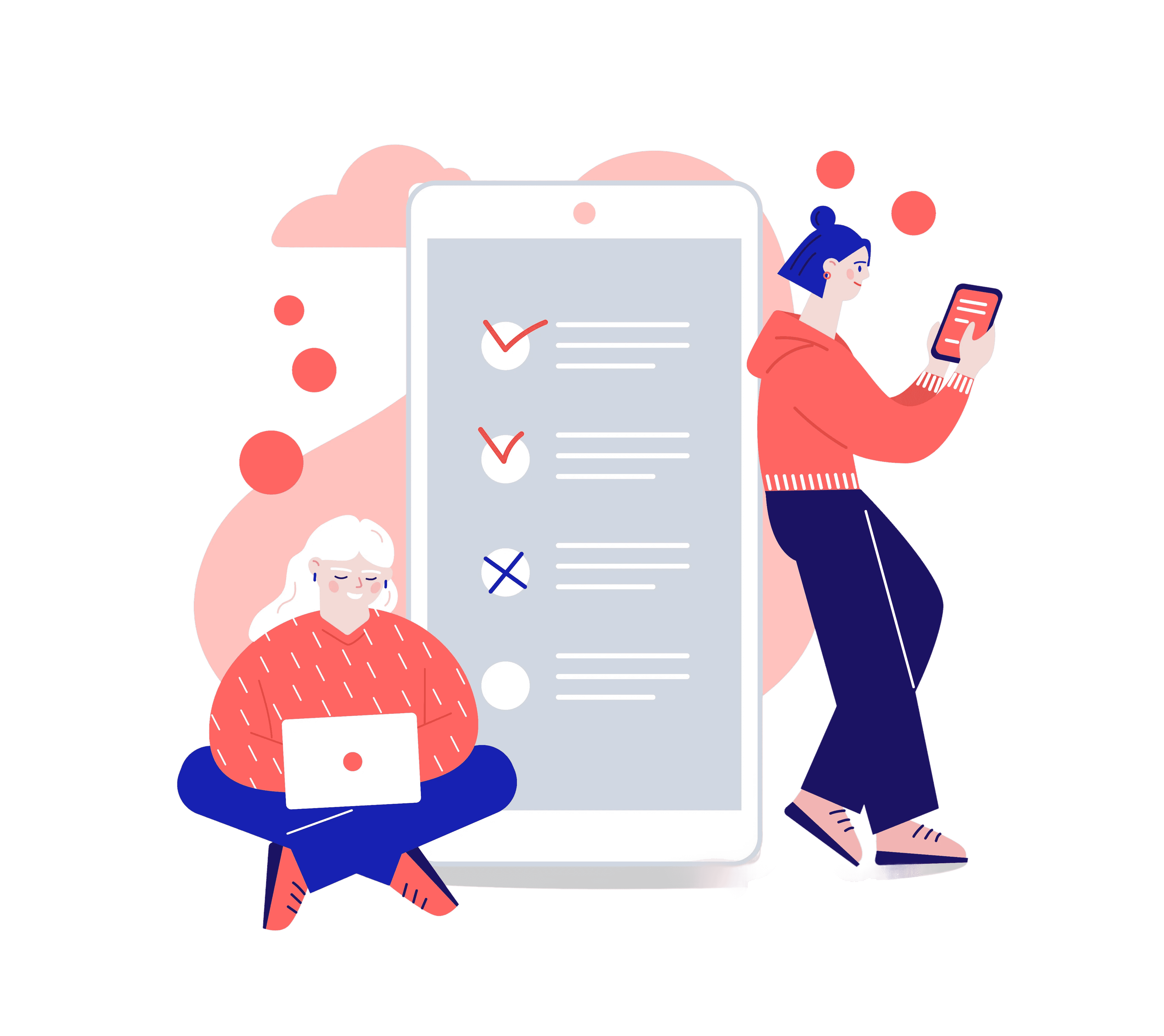 Illustration of two people using devices next to a large checklist on a smartphone screen, representing user research or survey tasks.