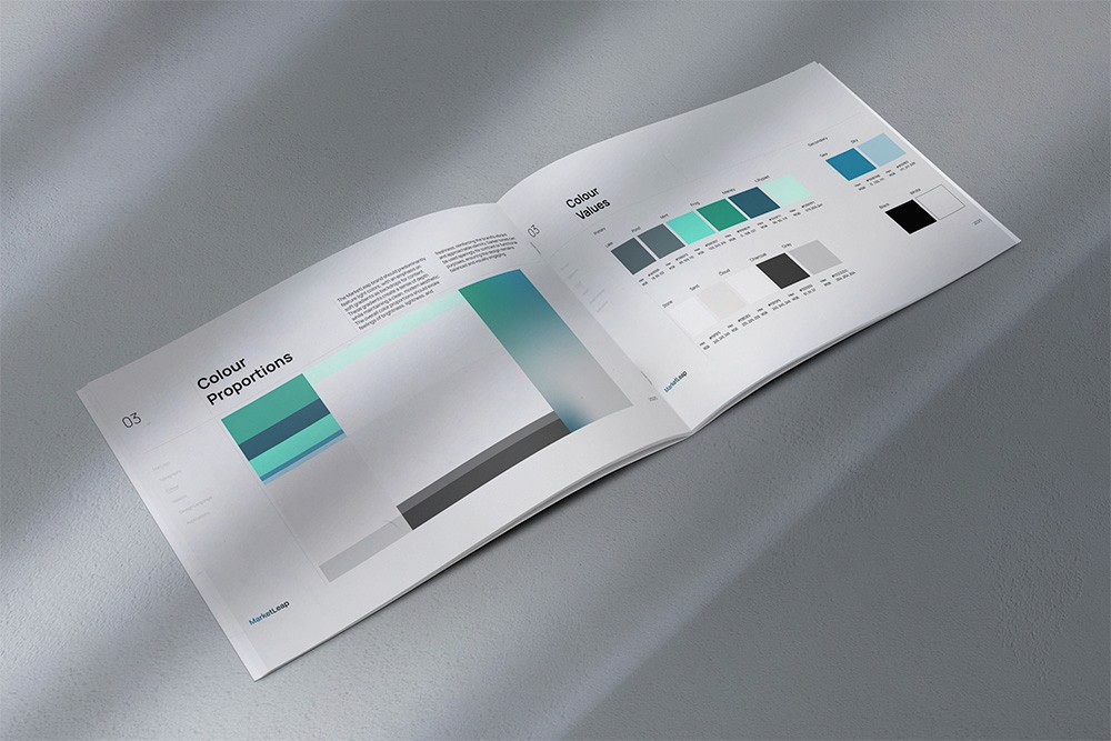 Open brand guideline booklet featuring ‘03 Colour Proportions’ on the left page and ‘Colour Values’ on the right. The left page presents a large vertical bar chart demonstrating the proportional use of colours, while the right page contains swatches with HEX and CMYK values for each brand colour, including teals, greys, and black.