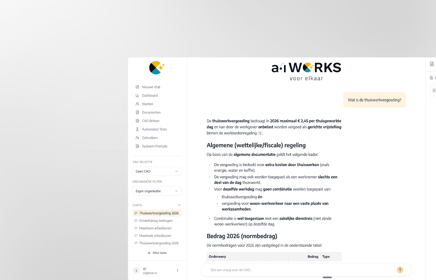 CAO Expert chatinterface met AI-antwoord over thuiswerkvergoeding 2026 op basis van wet- en regelgeving