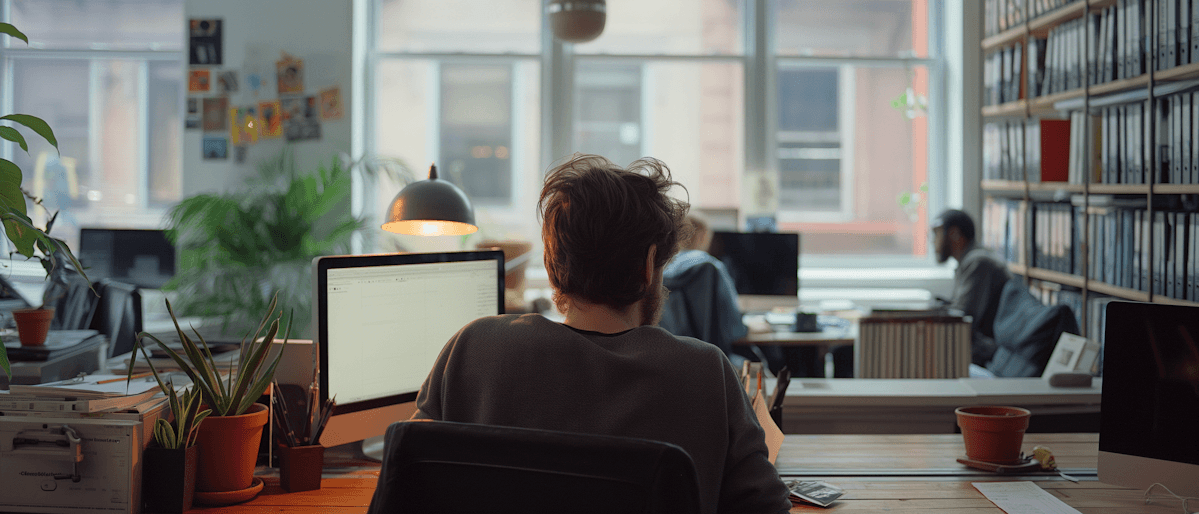 Person working at a desk with a computer, surrounded by plants and an office setting, engaged in collaboration.