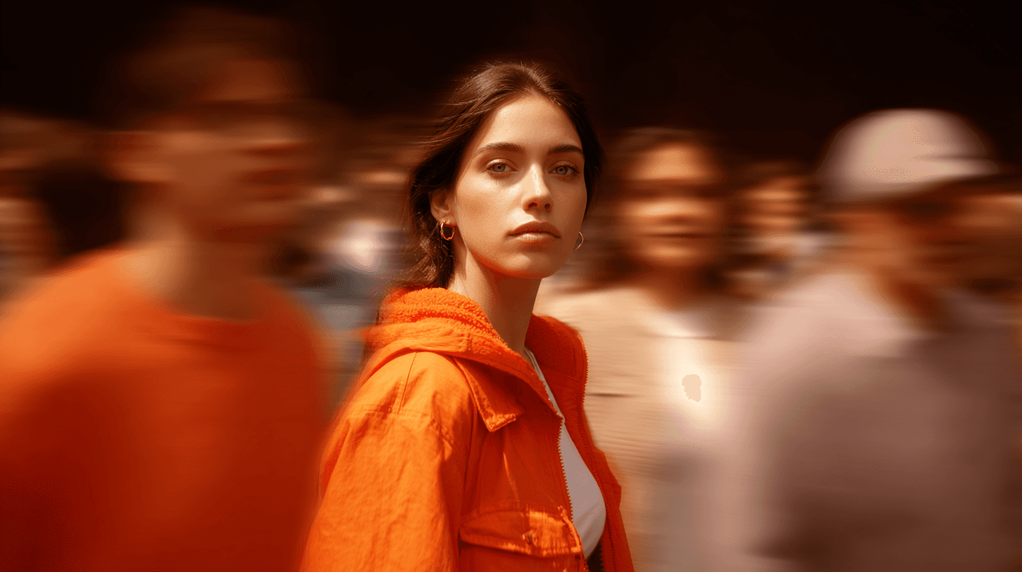 Orange jacket women standing street motion blur portrait