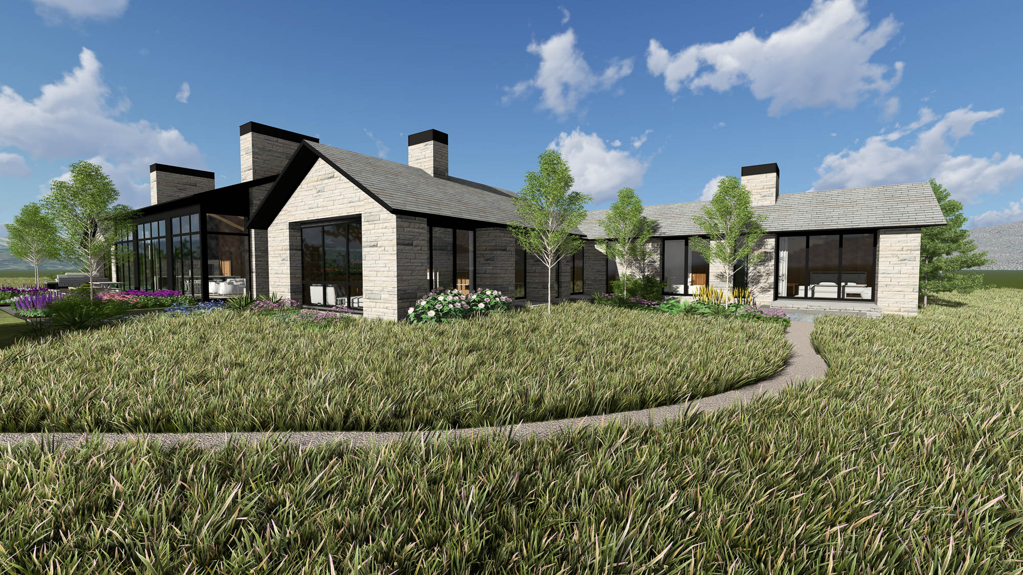 Architectural rendering of a modern, single-story stone house with large black-framed windows and a stone walkway through a grassy lawn.