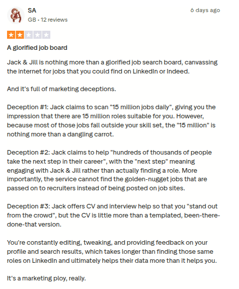 2-star Jack and Jill review calling it a glorified job board