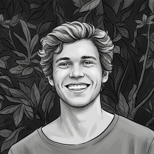 Black and white illustrated portrait of Ollie Marsh with wavy light hair and a broad smile against a leafy background.