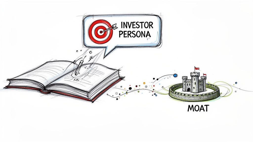 Sketch of an open book with a pen, a speech bubble showing 'INVESTOR PERSONA' target, and a castle with 'MOAT'.