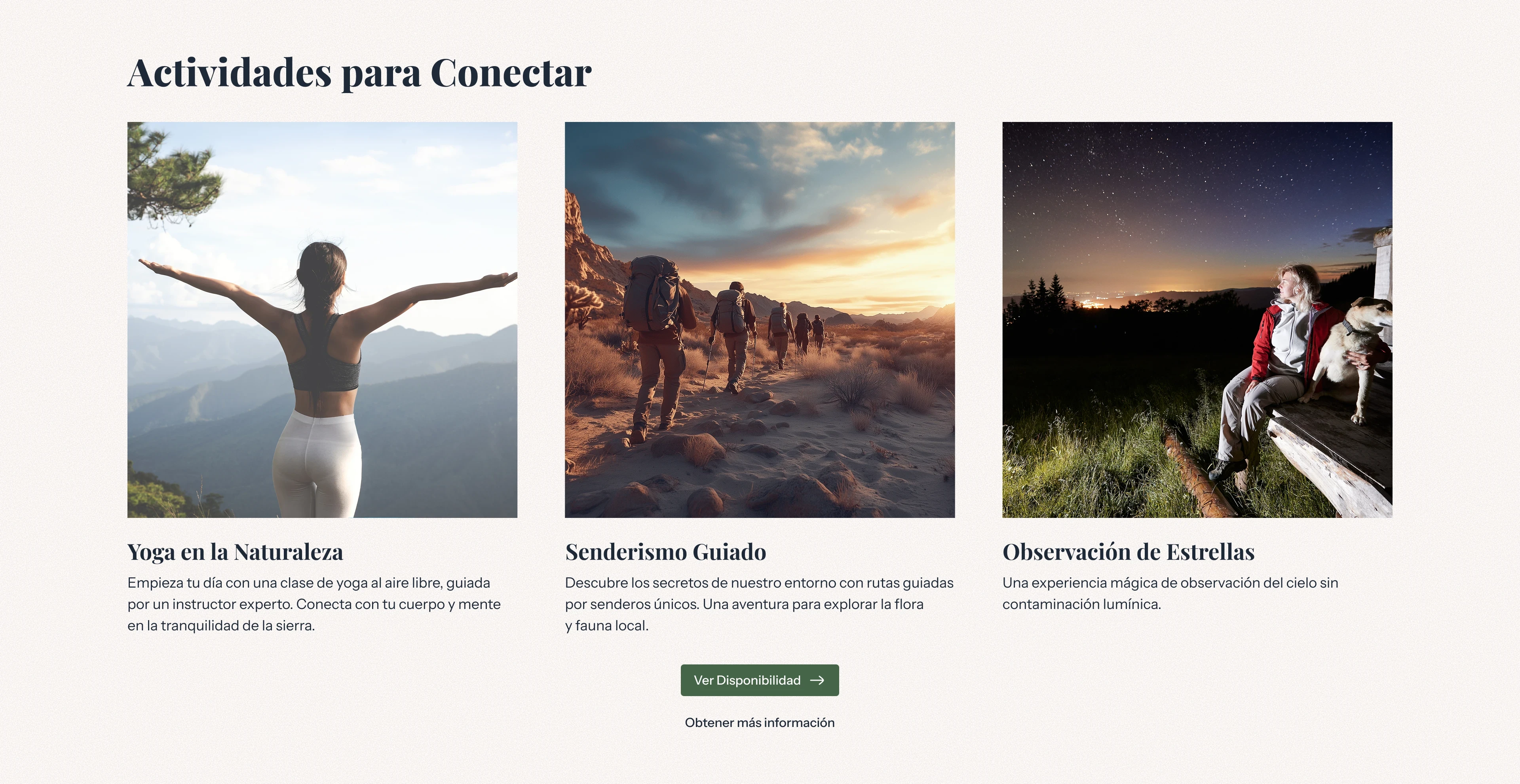Screenshot of the Experiences and Activities page layout mockup