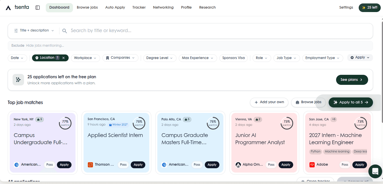 Tsenta job matching dashboard showing entry level and intern roles for a senior NLP/AI Data Scientist resume with match scores between 73% and 77%