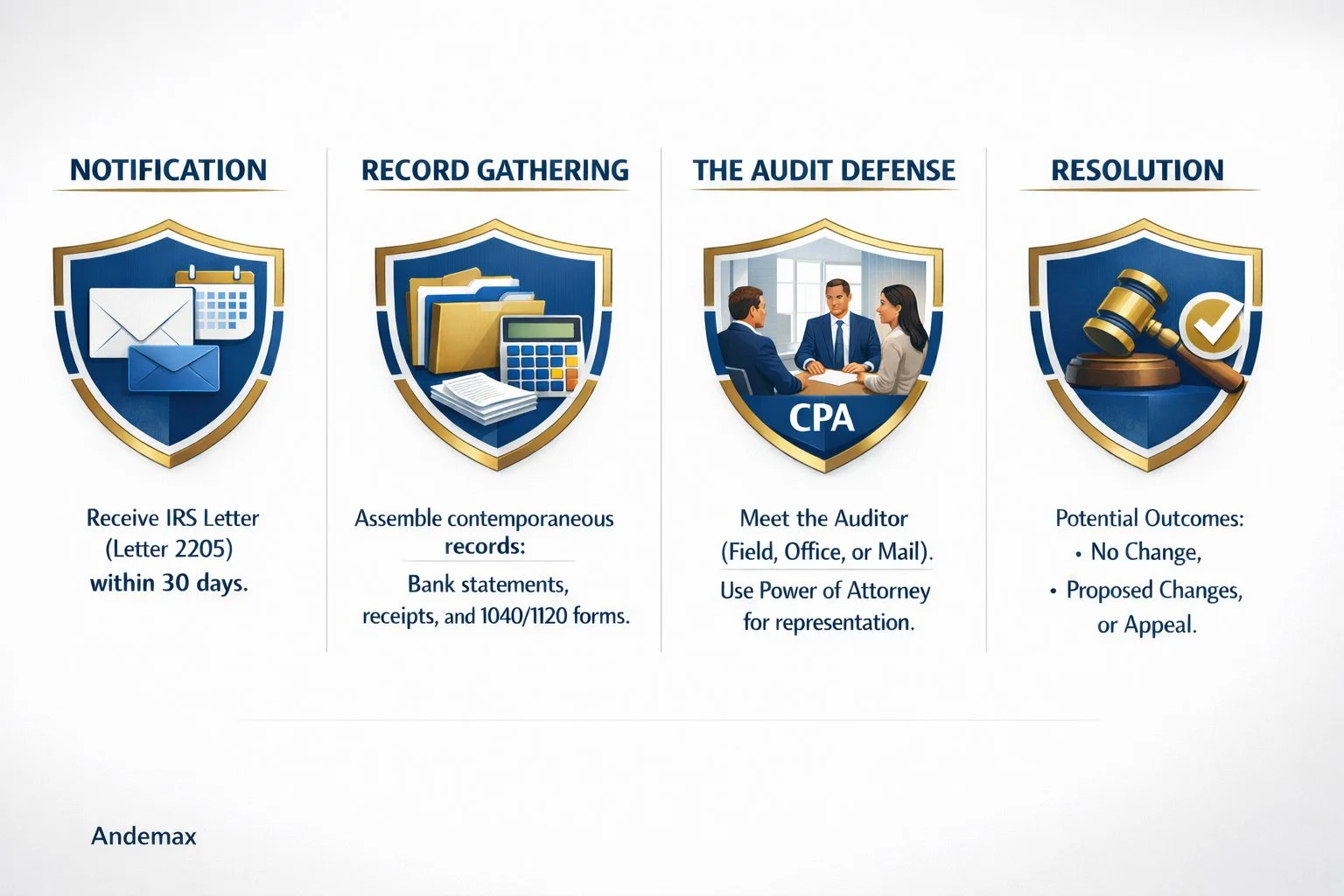 A linear 4-step infographic roadmap detailing the IRS audit process for businesses in Great Neck Estates, NY. Step 1: Receiving the IRS Notification Letter (Letter 2205) within 30 days. Step 2: Gathering contemporaneous records, including bank statements, receipts, and 1040/1120 forms. Step 3: Audit Defense (Correspondence, Office, or Field Audit) with CPA representation. Step 4: Resolution potential outcomes (No Change, Proposed Changes, or Appeal). The visual includes a subtle Andemax logo for CPA representation