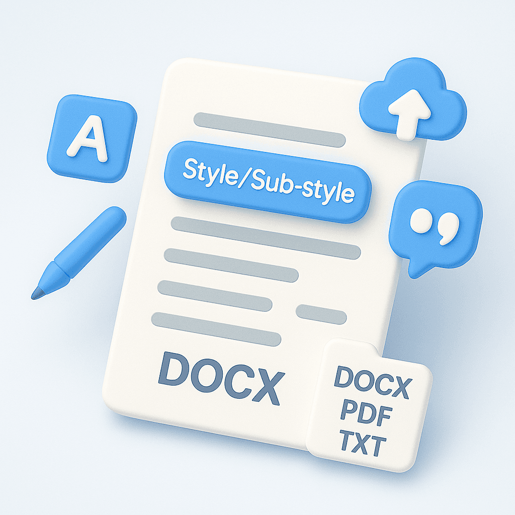 3D illustration of a document with text lines, surrounded by subtitle and style icons, representing the process of checking captions and exporting the final file.