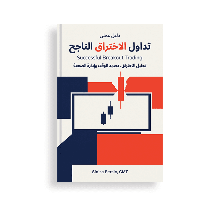 غلاف كتاب بعنوان "تداول الاختراق الناجح - Successful Breakout Trading" بقلم سيليسا بيرسيك، بتصميم هندسي يجمع بين الألوان الأبيض والأحمر والأزرق الداكن مع أيقونة لشاشة تداول وشموع يابانية.