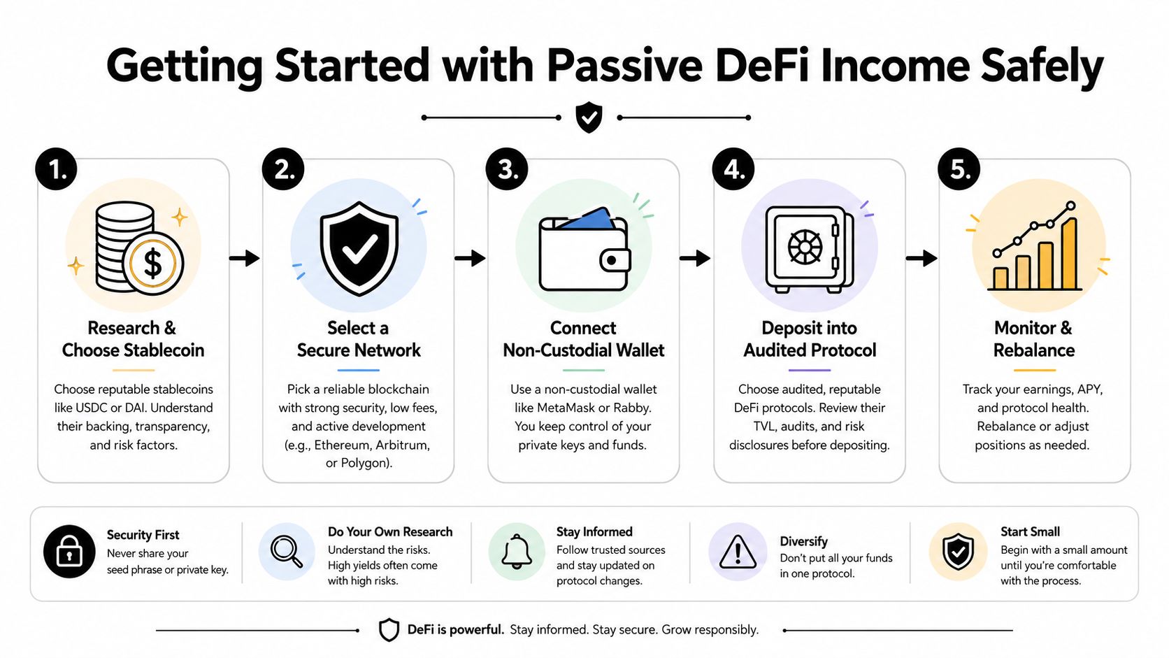 A five-step infographic guide explaining how to safely generate passive income using decentralized finance protocols.