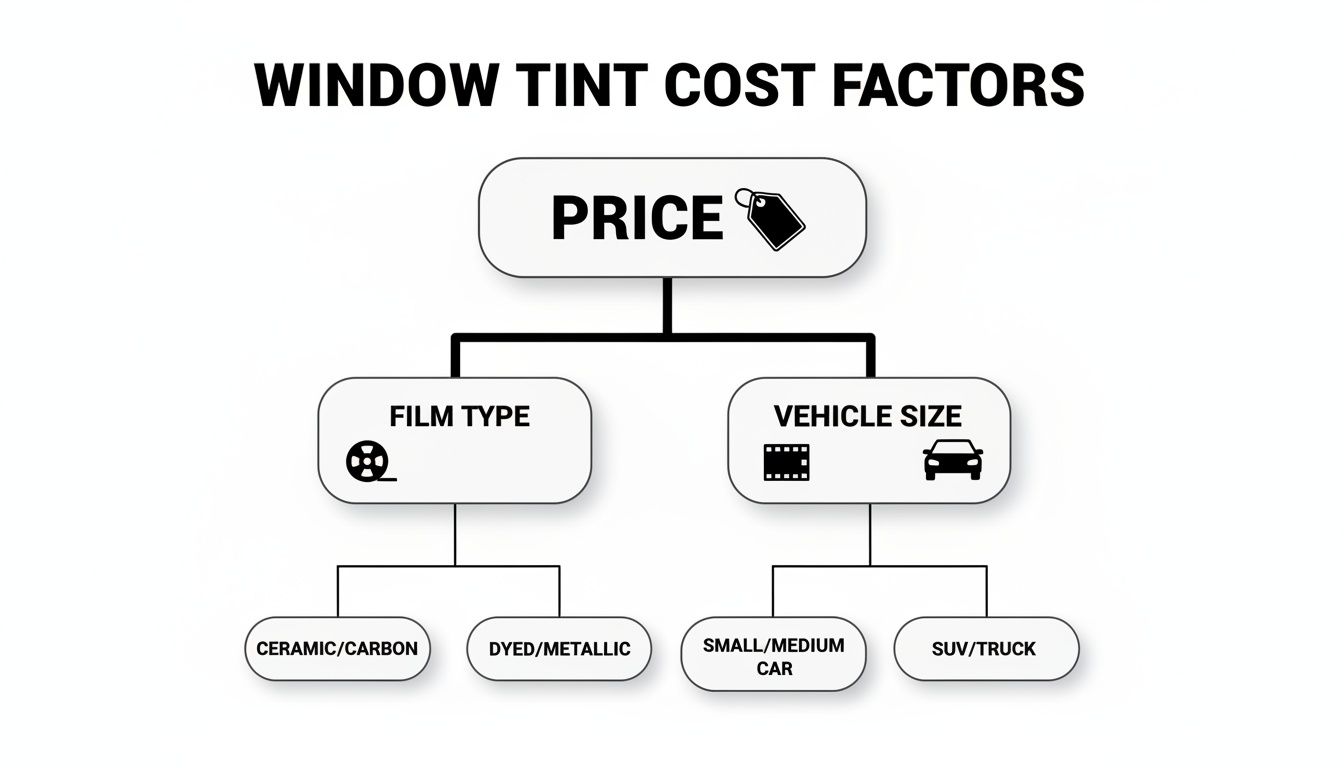 Flowchart illustrating window tint cost factors, including film type (ceramic/carbon, dyed/metallic) and vehicle size.