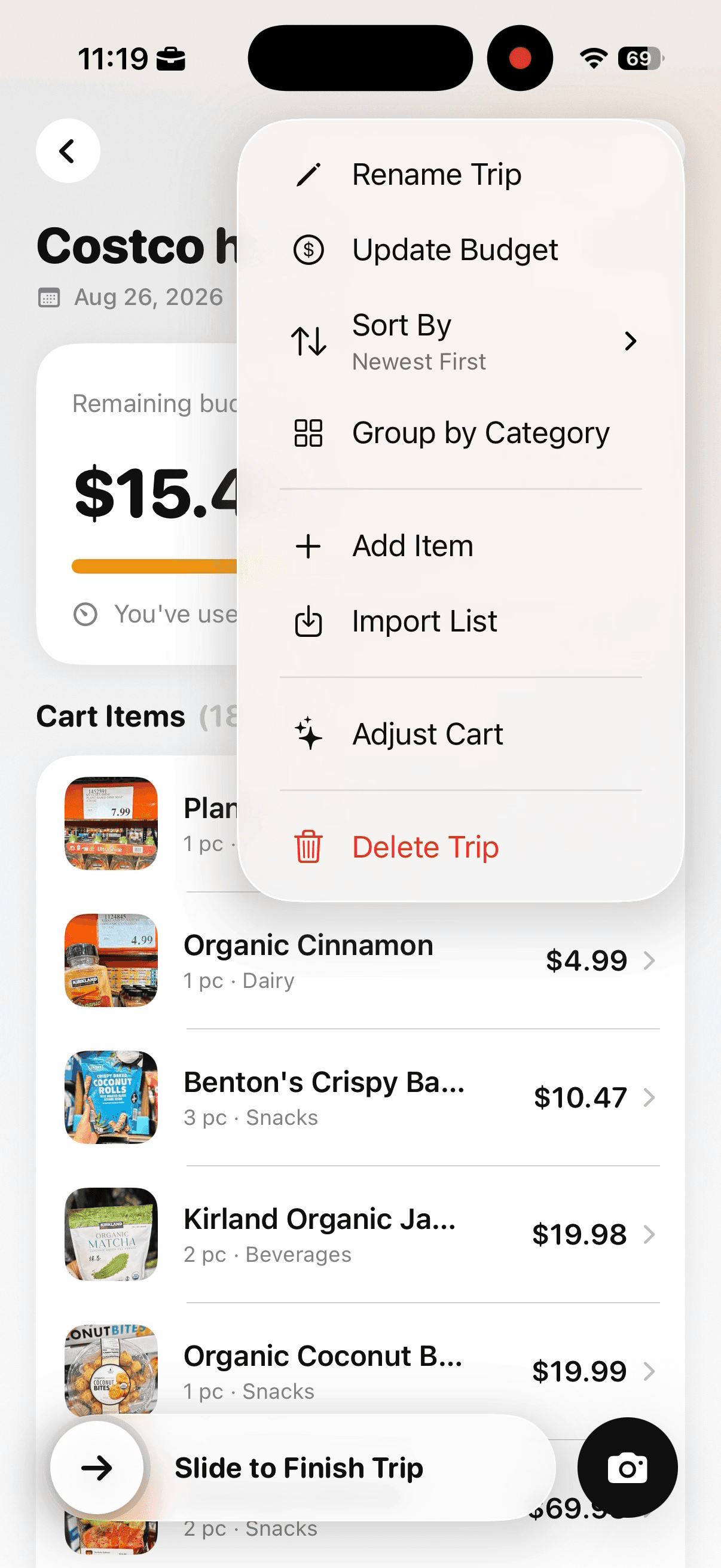 Cart AI trip options menu with Adjust Cart available below list management controls.