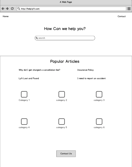 Lyft Help Center wireframe overview