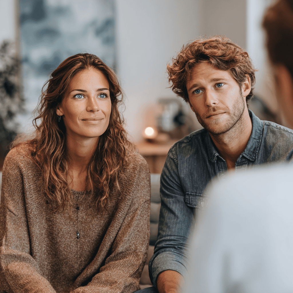 A couple sits attentively during a counseling session. Both appear thoughtful and engaged, with soft lighting and a blurred background setting a calm tone.