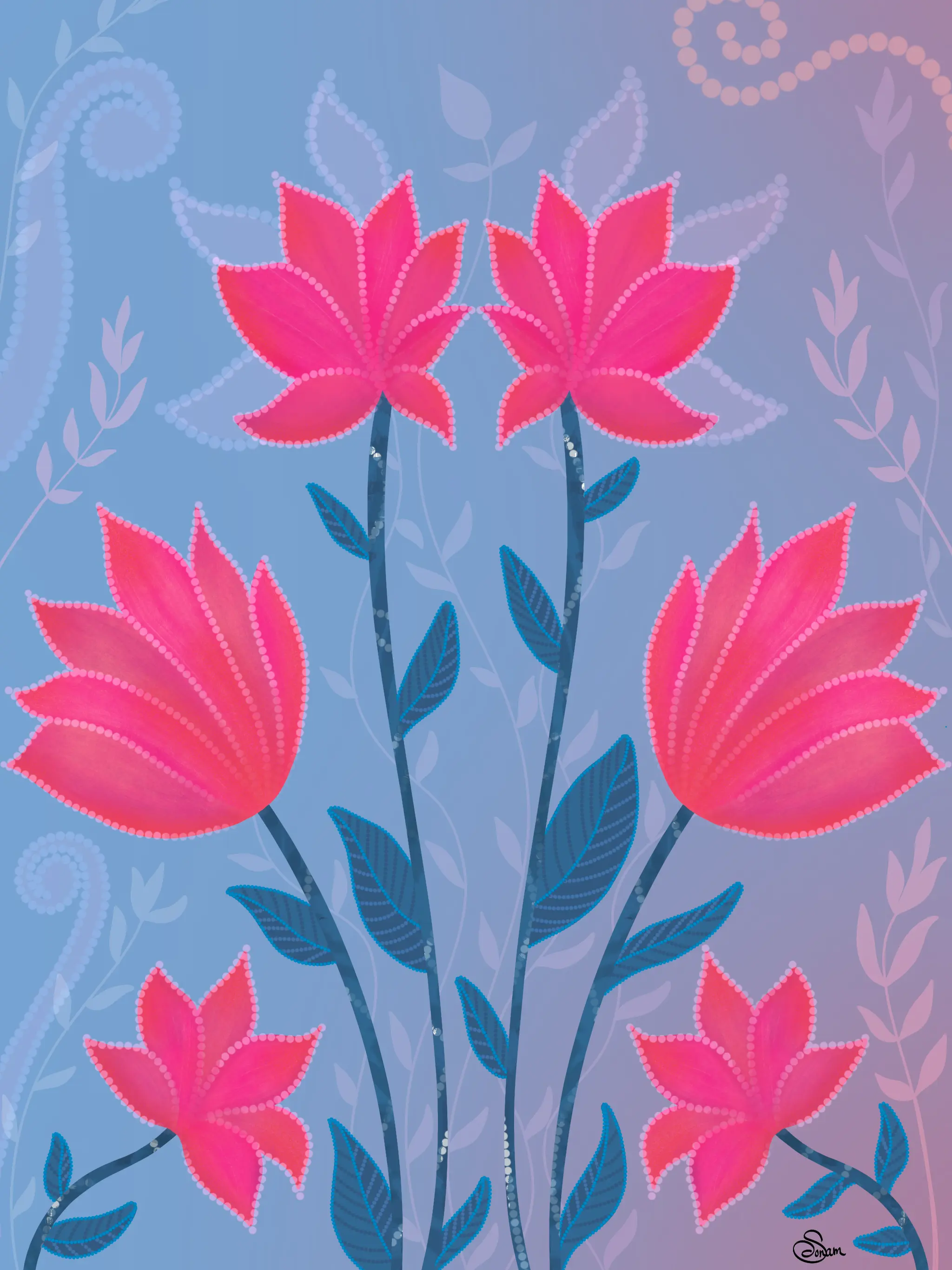 Hispanic drawing inspired by Spanish culture. Digital drawing. Digital art. Large pink flowers with Indian design. Indian digital art