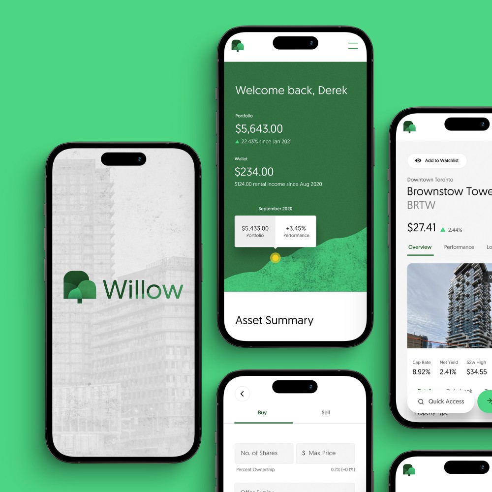 Brand and app design for Willow displayed on multiple phones with green accents, showing financial portfolio summaries, asset performance, and investment details.