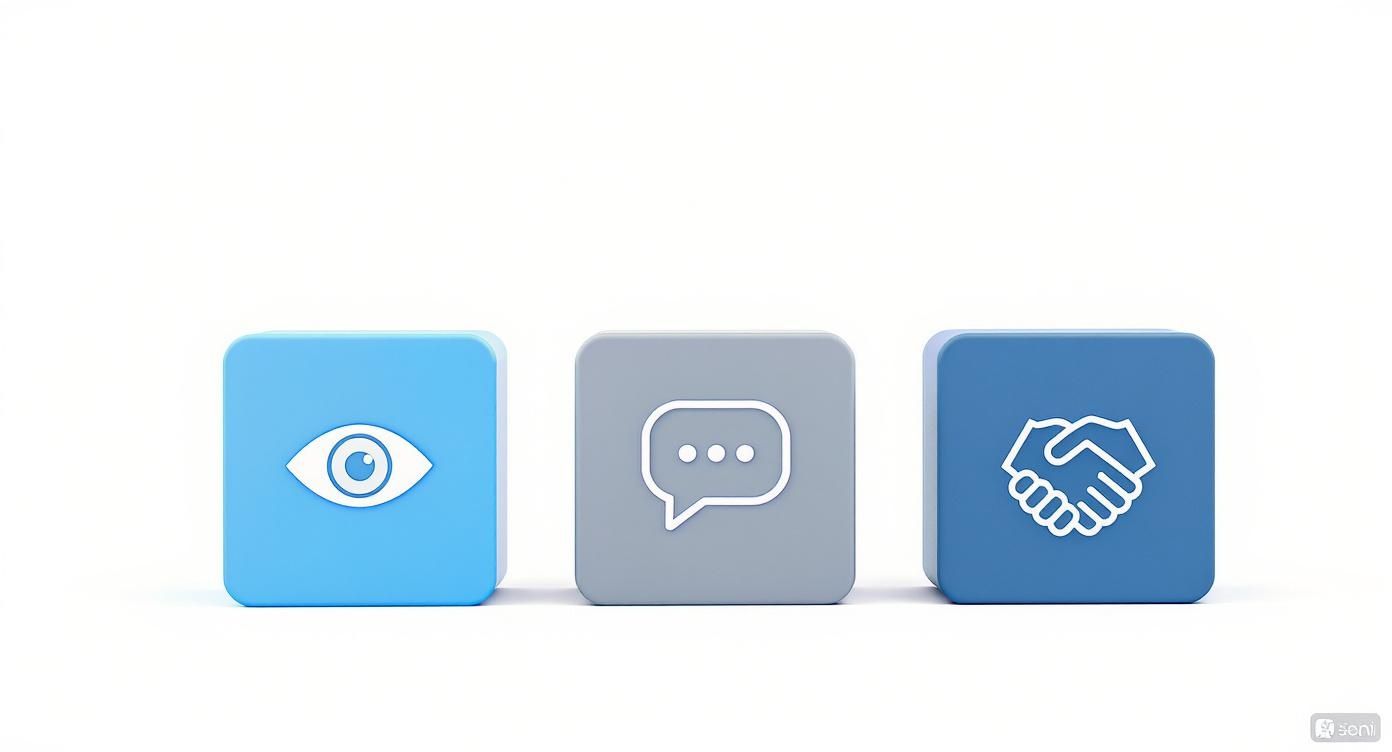 Drei 3D-Symbole: Auge, Sprechblase und Händedruck, die Vision, Kommunikation und Zusammenarbeit darstellen.