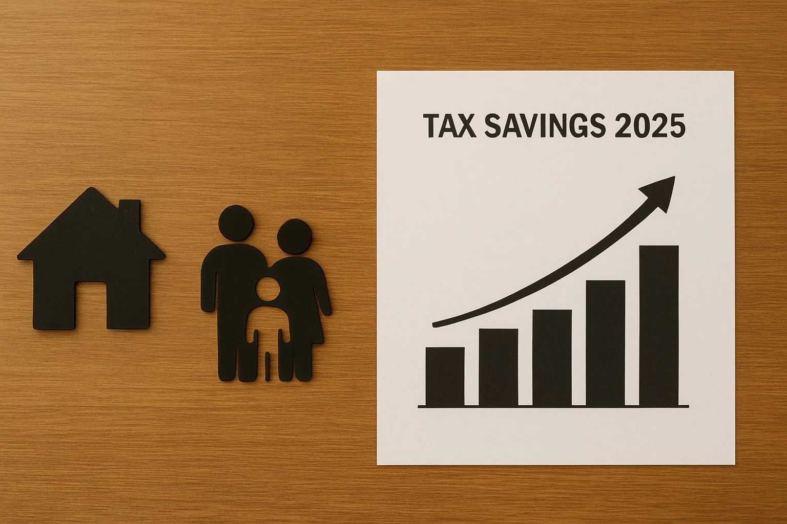 Simple illustration showing icons of a home, family, and paycheck next to a rising bar chart labeled “Tax Savings 2025.”