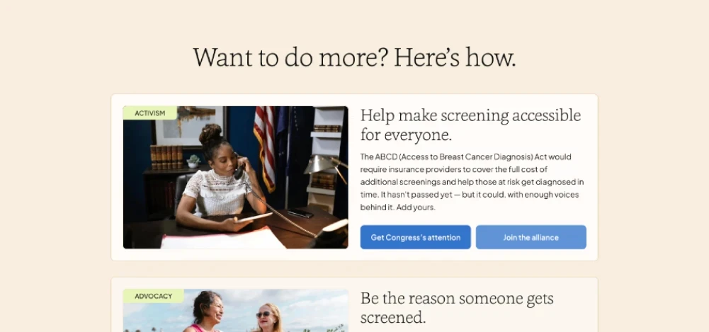 A section of the redesigned site titled 'Want to do more?' featuring a card-based layout for activism and advocacy, with clear buttons to contact Congress or join health alliances.