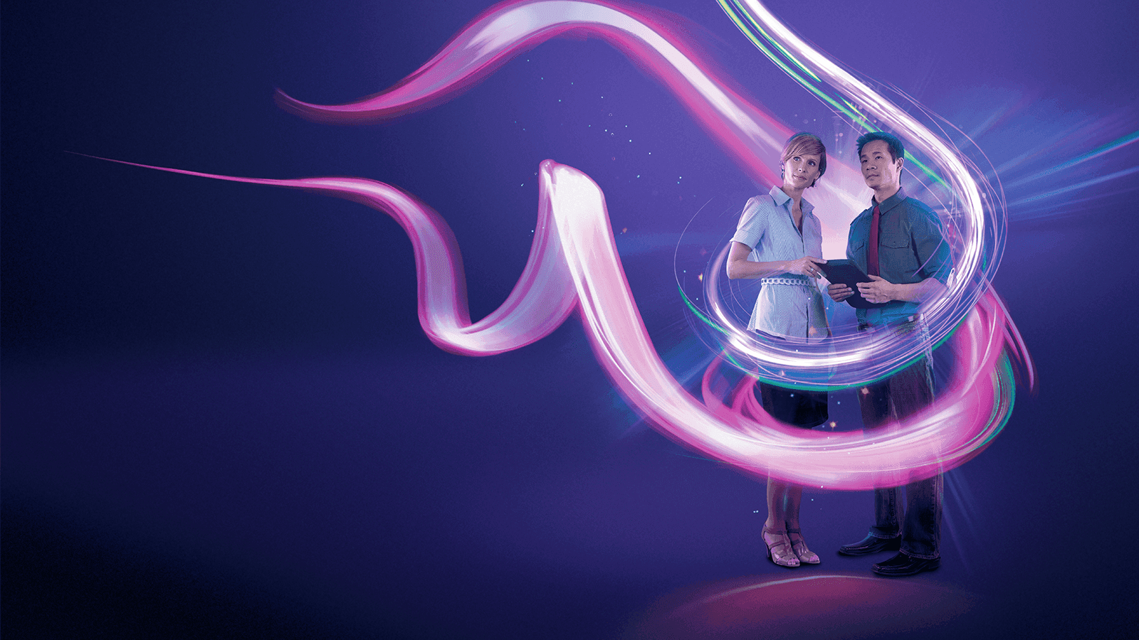Two people stand together against a purple background, surrounded by swirling pink and blue light trails.