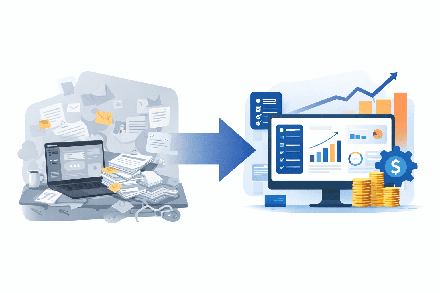 Illustration showing a transition from a chaotic manual workflow with paperwork and emails to a streamlined digital facilities management dashboard