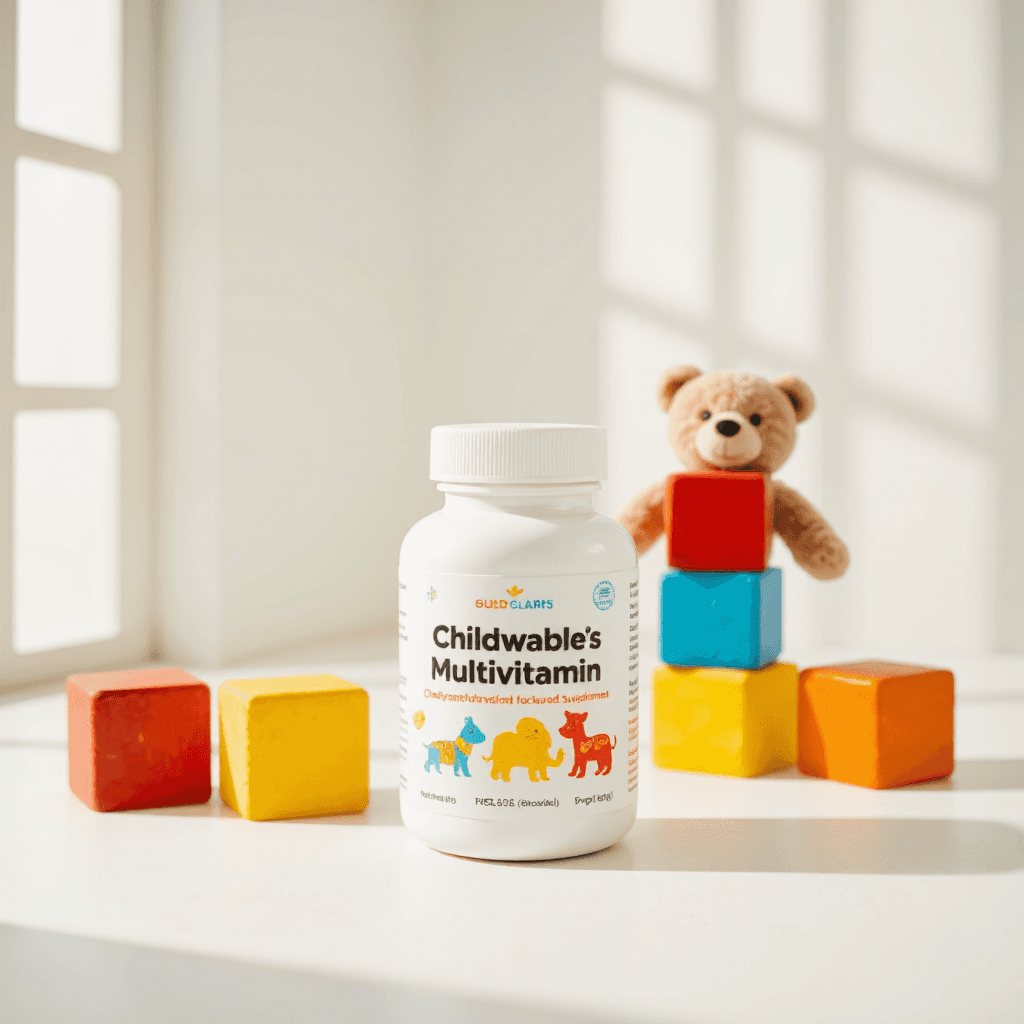 product photography of bottle of children's chewable multivitamin supplement