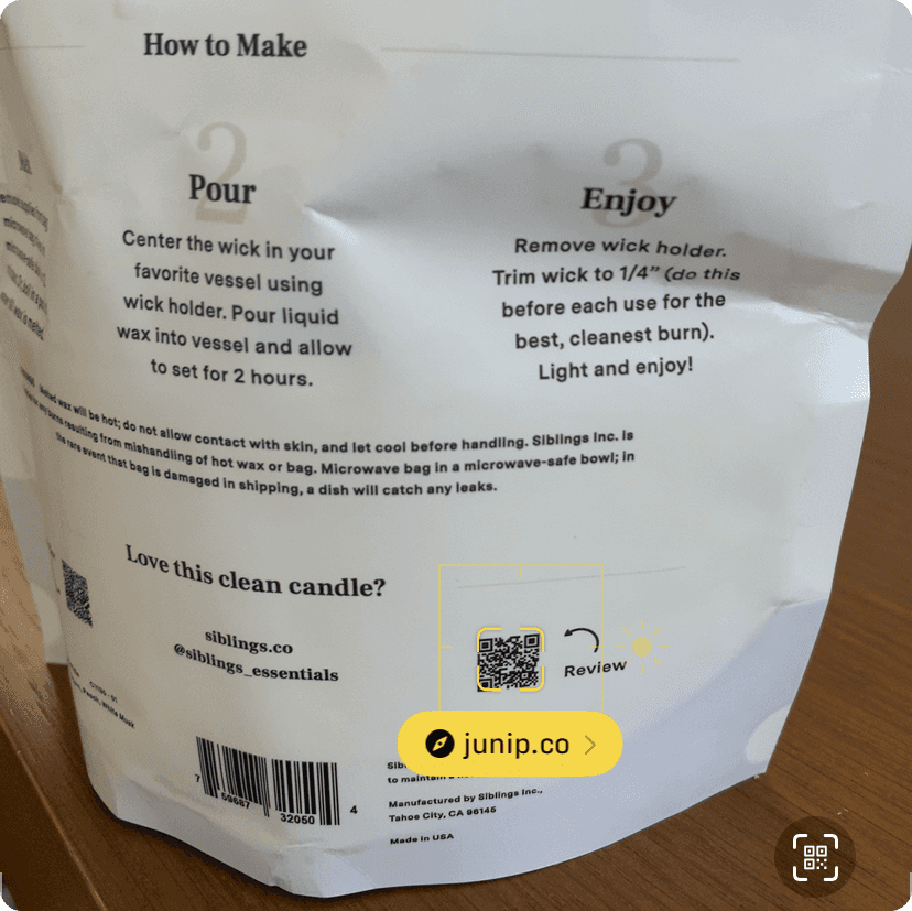 QR code review link on Siblings' product packaging