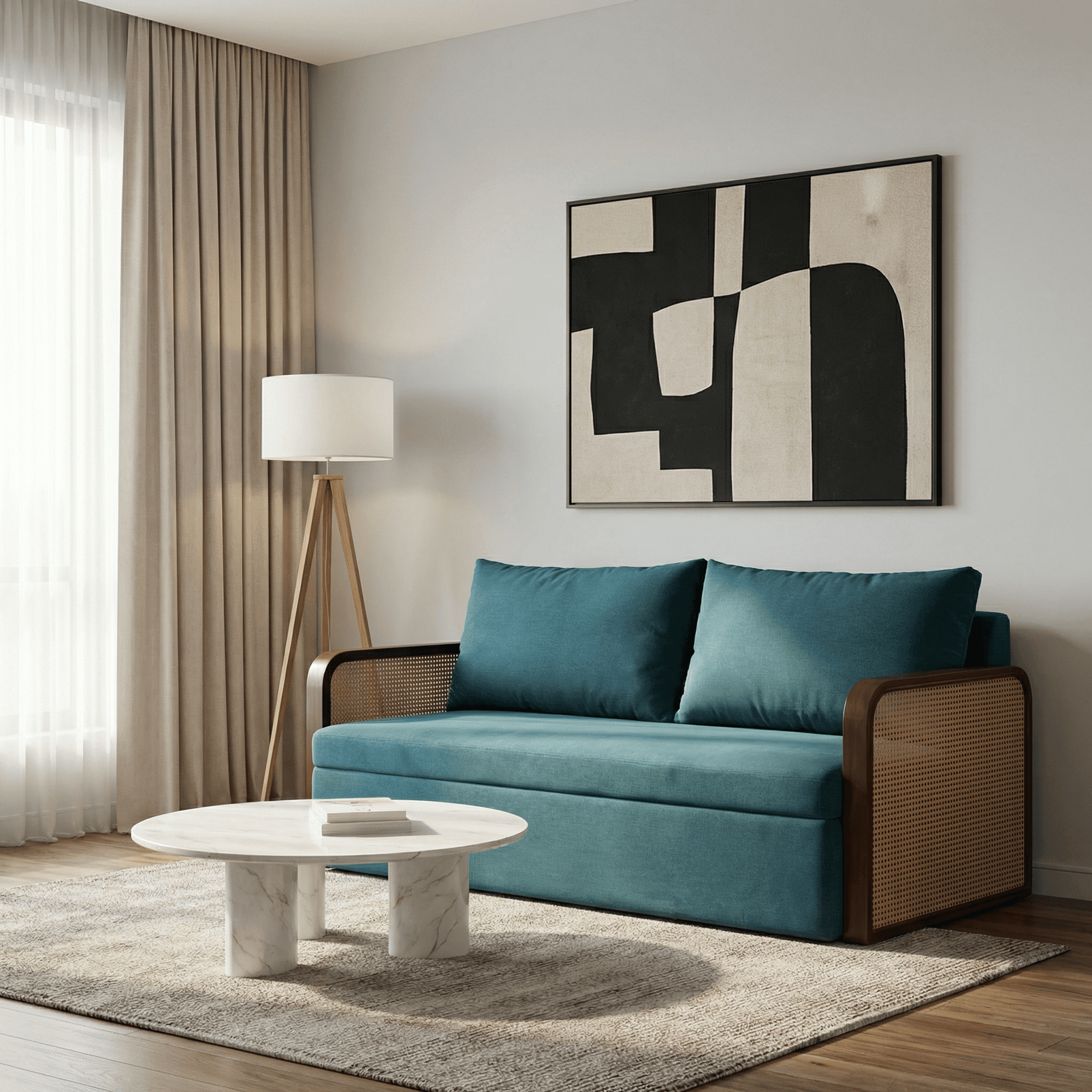 Luxury contemporary cane sofa with teal upholstery and wooden frame