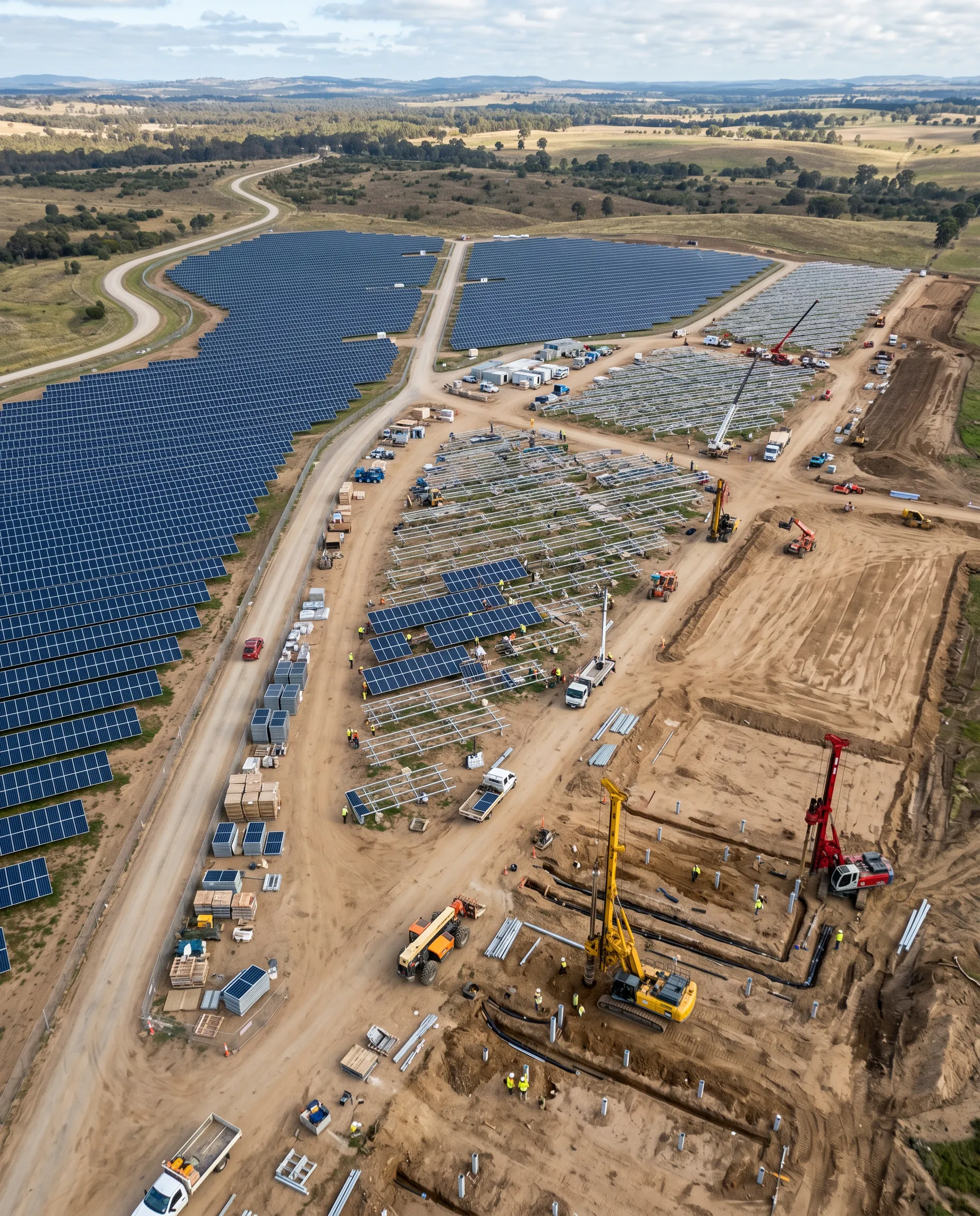 Worker in a hard hat and safety vest holding a tablet at a solar farm construction site, with rows of solar panels, cranes, and crew members working in the background at sunset.