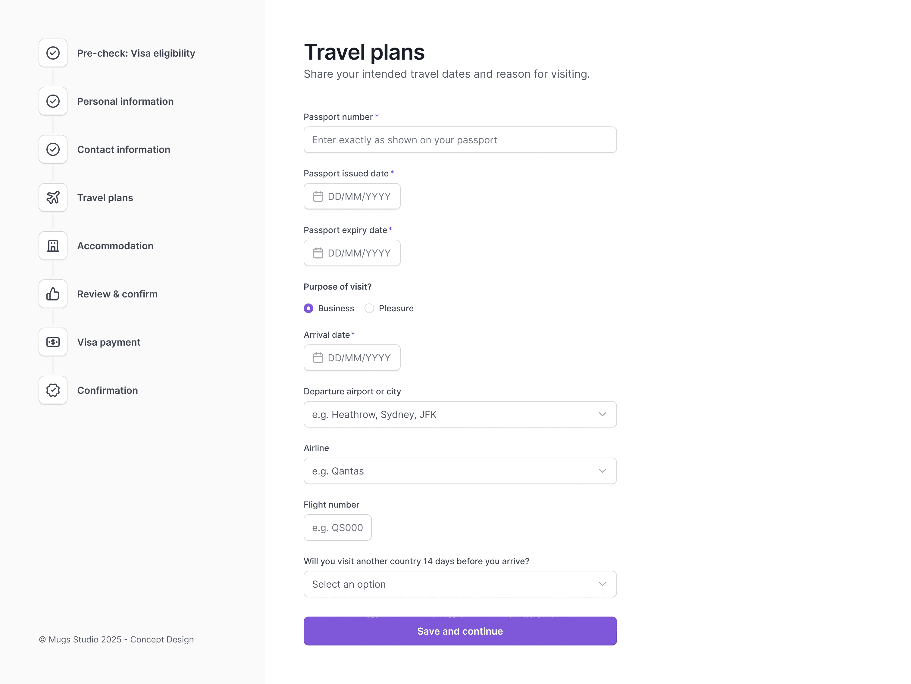 Travel plans step showing passport details, trip dates, flight info, and purpose of visit.